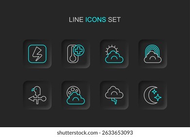 Set line Moon and stars, Cloud lightning, with moon, Rooster weather vane, Rainbow cloud, Sun, Thermometer and Lightning bolt icon. Vector