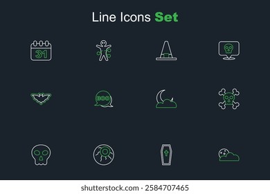 Set line Moon and stars, Coffin with christian cross, Eye, Skull, crossbones, Boo speech bubble and Flying bat icon. Vector