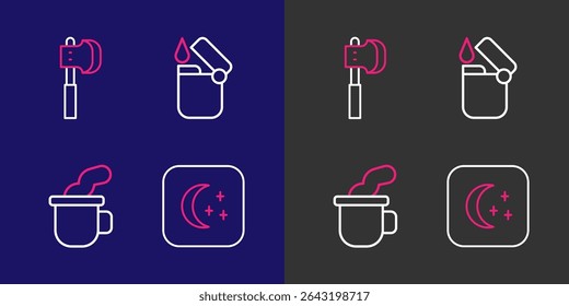 Set line Moon and stars, Cup of tea, Lighter and Wooden axe icon. Vector