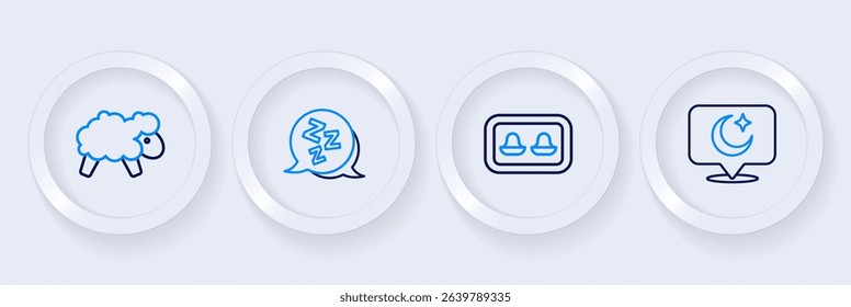 Set line Moon and stars, Earplugs with storage box, Sleepy and Sheep icon. Vector