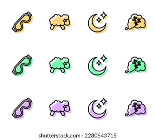 Set line Moon and stars, Eye sleep mask, Sheep and Sleepy icon. Vector