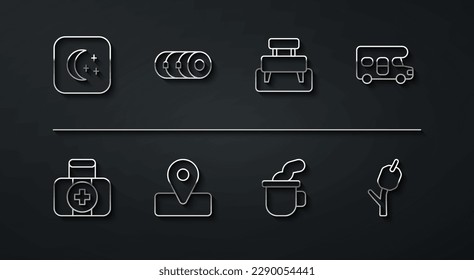 Set line Moon and stars, First aid kit, RV motorhome vehicle, Cup of tea, Location for camping, Blanket roll, Marshmallow stick and Bench icon. Vector