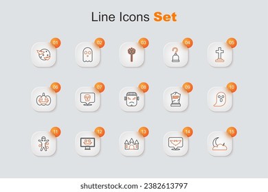 Set line Moon and stars, Flying bat, Castle, Happy Halloween holiday, Voodoo doll, Ghost, Tombstone with RIP written and Frankenstein face icon. Vector