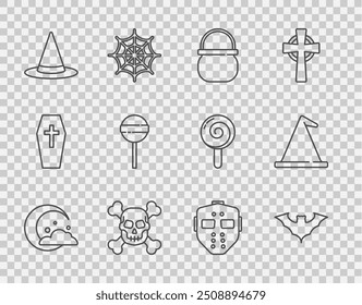 Set line Moon and stars, Flying bat, Halloween witch cauldron, Skull crossbones, Witch hat, Lollipop, Hockey mask and  icon. Vector