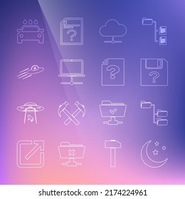 Set line Moon and stars, Folder tree, Unknown document, Network cloud connection, Computer network, UFO flying spaceship alien, Car wash and  icon. Vector