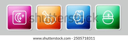 Set line Moon and stars, Food time, Alarm clock app mobile and Kitchen timer. Colorful square button. Vector