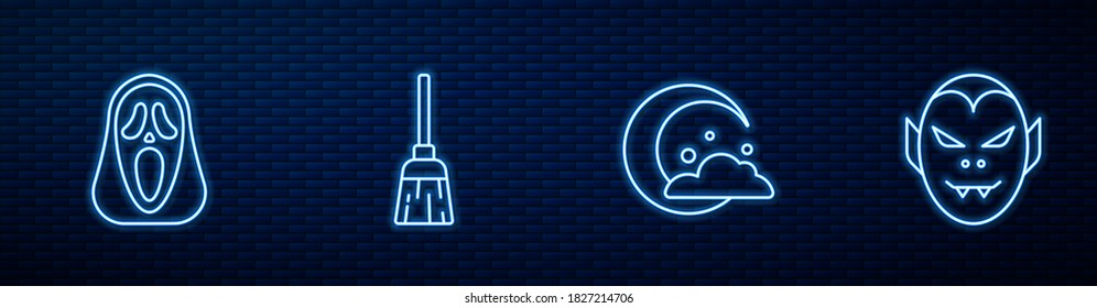 Set line Moon and stars, Funny scary ghost mask, Witches broom and Vampire. Glowing neon icon on brick wall. Vector