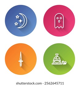 Set line Moon and stars, Ghost, Dagger and Witch cauldron magic stone. Color circle button. Vector