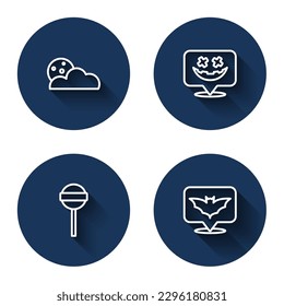 Set line Moon and stars, Happy Halloween holiday, Lollipop and Flying bat with long shadow. Blue circle button. Vector