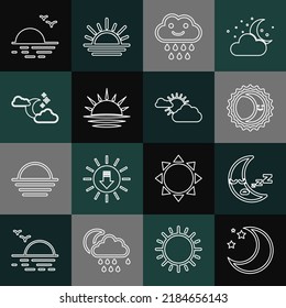 Set line Moon and stars, icon, Eclipse of the sun, Cloud with rain, Sunset, moon,  and cloud weather icon. Vector