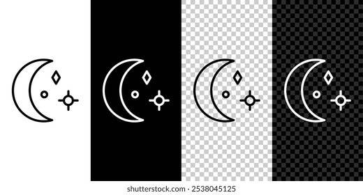 Set line Moon and stars icon isolated on black and white background. Cloudy night sign. Sleep dreams symbol. Night or bed time sign.  Vector Illustration