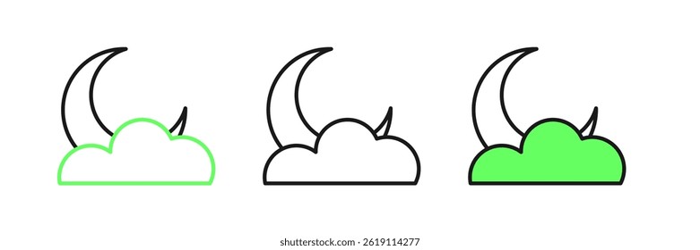 Set line Moon and stars icon isolated on white background. Cloudy night sign. Sleep dreams symbol. Full moon. Night or bed time sign.  Vector
