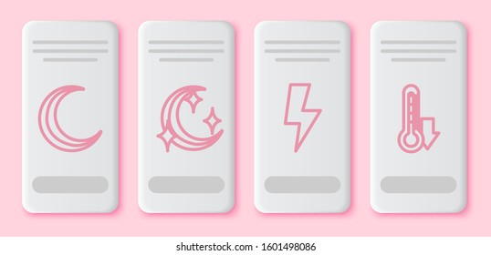 Set line Moon and stars, Moon and stars, Lightning bolt and Thermometer. White rectangle button. Vector