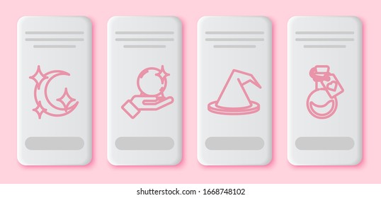 Set line Moon and stars, Magic ball on hand, Witch hat and Bottle with love potion. White rectangle button. Vector