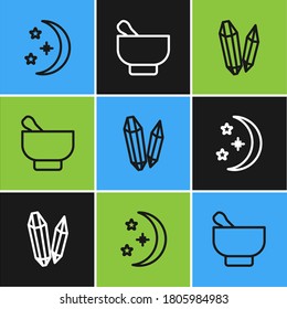 Set line Moon and stars, Magic stone and mortar pestle icon. Vector