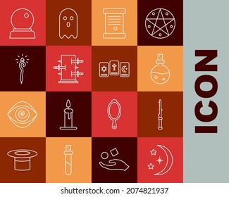 Set line Moon and stars, Magic wand, Bottle with love potion, Decree, paper, parchment, scroll, Trunk for magic tricks, staff, ball and Three tarot cards icon. Vector
