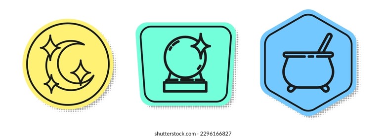 Set line Moon and stars, Magic ball and Witch cauldron. Colored shapes. Vector