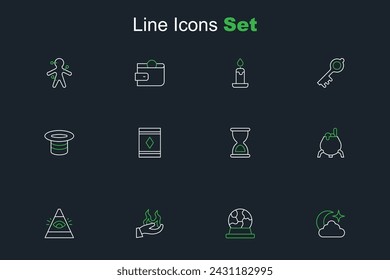 Set line Moon and stars, Magic ball, Hand holding fire, All-seeing eye of God, Witch cauldron, Old hourglass, carpet and hat icon. Vector