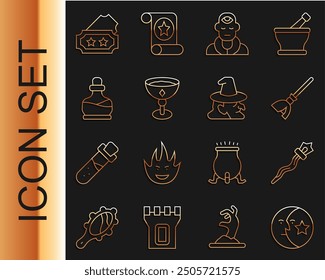 Set line Moon and stars, Magic staff, Witches broom, Wizard warlock, Medieval goblet, Bottle with potion, Ticket and  icon. Vector