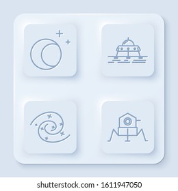 Set line Moon and stars, Mars rover, Black hole and Mars rover. White square button. Vector