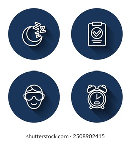 Set line Moon and stars, Medical prescription, Eye sleep mask and Alarm clock with long shadow. Blue circle button. Vector
