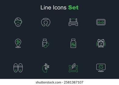 Set line Moon and stars, Pillow, Dreams, Slippers, Alarm clock, Sleeping pill,  and Sleepy icon. Vector