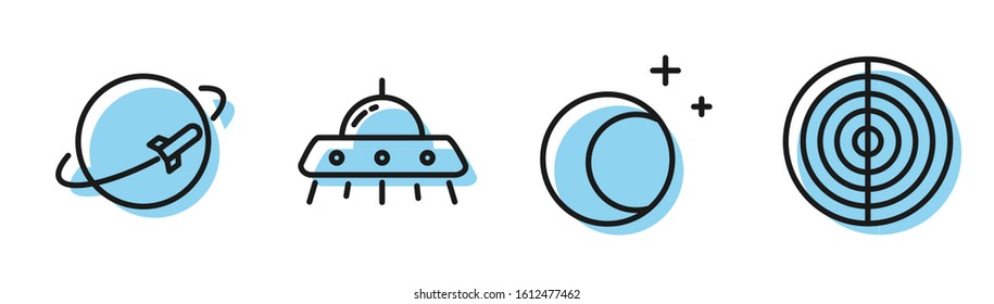 Set line Moon and stars, Planet, UFO flying spaceship and Earth structure icon. Vector