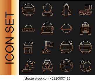 Set line Moon and stars, Planet, Robot, Rocket ship, Astronaut helmet, UFO flying spaceship, Venus and Saturn icon. Vector