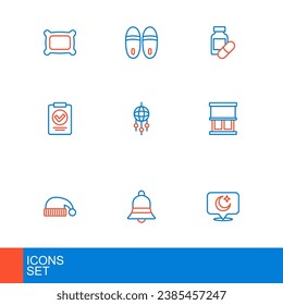 Fijar la línea Luna y las estrellas, Sonido, Sleeping hat, Ventana con cortinas, prescripción médica, plumas para los cazadores de sueños, píldora y solapa icono. Vector