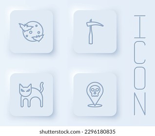 Set line Moon and stars, Scythe, Black cat and Skull. White square button. Vector