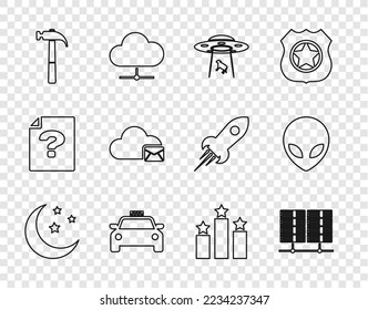 Set line Moon and stars, Server, Data, Web Hosting, UFO abducts cow, Taxi car, Hammer, Cloud mail server, Ranking and Alien icon. Vector