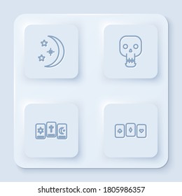 Set line Moon and stars, Skull, Three tarot cards and Playing. White square button. Vector