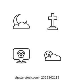 Set line Moon and stars, Skull,  and Tombstone with cross icon. Vector