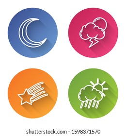 Set line Moon and stars, Storm, Falling star and Cloud with rain and sun. Color circle button. Vector