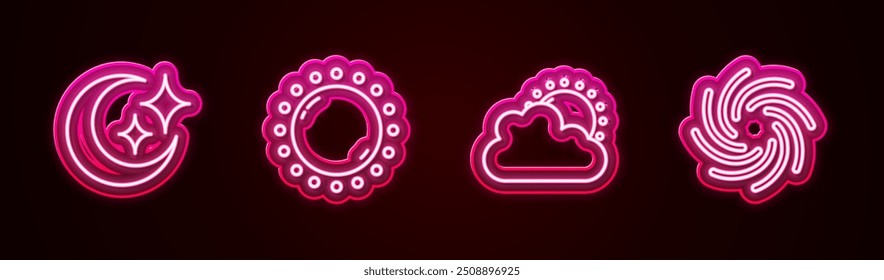 Set line Moon and stars, Sun, cloud weather and Tornado. Glowing neon icon. Vector