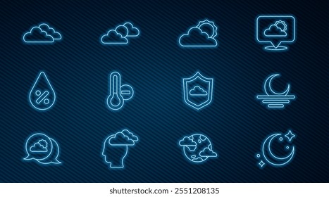 Set line Moon and stars, Sunset, cloud weather, Meteorology thermometer, Water drop percentage, Cloud, Weather forecast and  icon. Vector