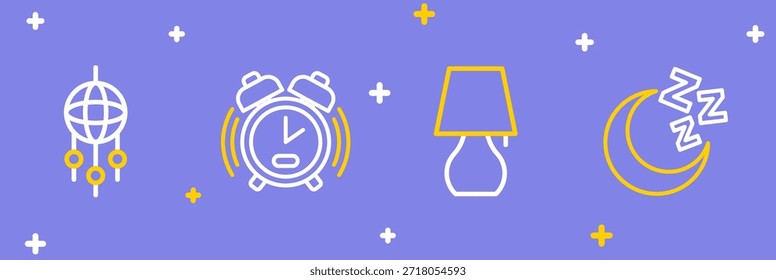 Definir a linha Lua e estrelas, Lâmpada de mesa, Relógio despertador e Dream catcher com ícone de penas. Vetor