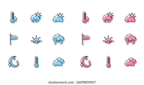Set line Moon and stars, Thermometer, Cloud, Sunrise, Storm, Cone meteorology windsock wind vane and with rain sun icon. Vector
