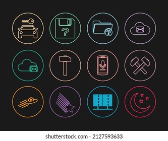 Set line Moon and stars, Two crossed hammers, Unknown directory, Hammer, Cloud mail server, Car rental, Mobile recording and document icon. Vector