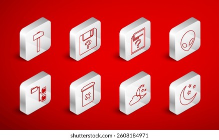 Set line Moon and stars, Unknown document, Alien, Cloud with moon, Hammer, Trash can and Folder tree icon. Vector