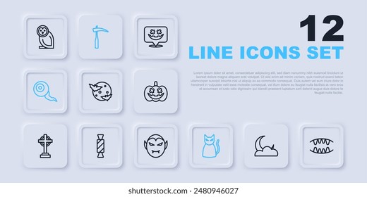 Set line Moon and stars, Vampire teeth, Black cat, Eye, Candy, Scythe and  icon. Vector