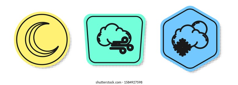 Set line Moon and stars, Windy weather and Cloud with snow and sun. Colored shapes. Vector