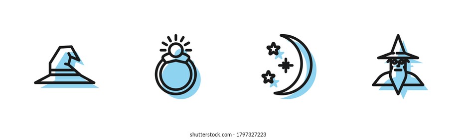 Set line Moon and stars, Witch hat, Magic stone ring with gem and Wizard warlock icon. Vector