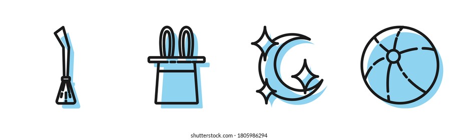 Set line Moon and stars, Witches broom, Magician hat and rabbit ears and Beach ball icon. Vector