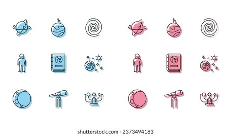 Set line Moon, Telescope, Satellites orbiting the planet Earth, Solar system, Book by astronomy, Space and, Alien and with flag icon. Vector