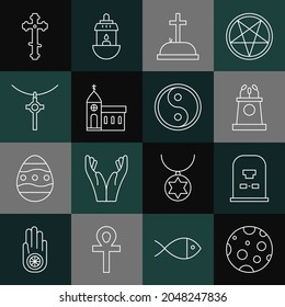 Set line Moon, Tombstone with RIP written, Stage stand or tribune, cross, Church building, Christian chain,  and Yin Yang icon. Vector