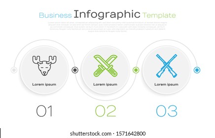 Set line Moose head with horns, Crossed hunter knife and Two crossed shotguns. Business infographic template. Vector