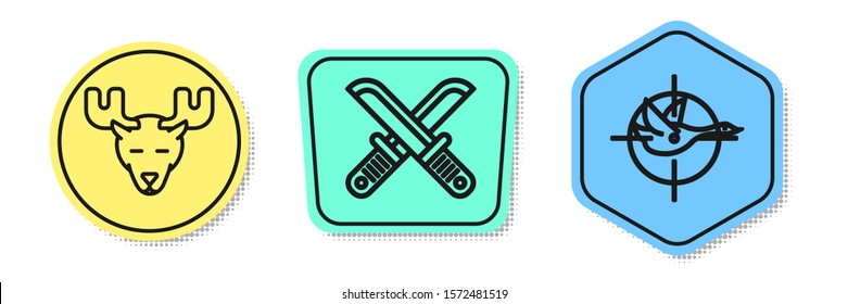 Set line Moose head with horns, Crossed hunter knife and Hunt on duck with crosshairs. Colored shapes. Vector