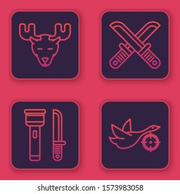 Set line Moose head with horns, Flashlight and knife, Crossed hunter knife and Hunt on duck with crosshairs. Blue square button. Vector