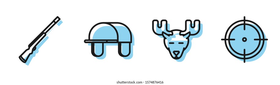 Set line Moose head with horns, Hunting gun, Hunter hat and Target sport for shooting competition icon. Vector